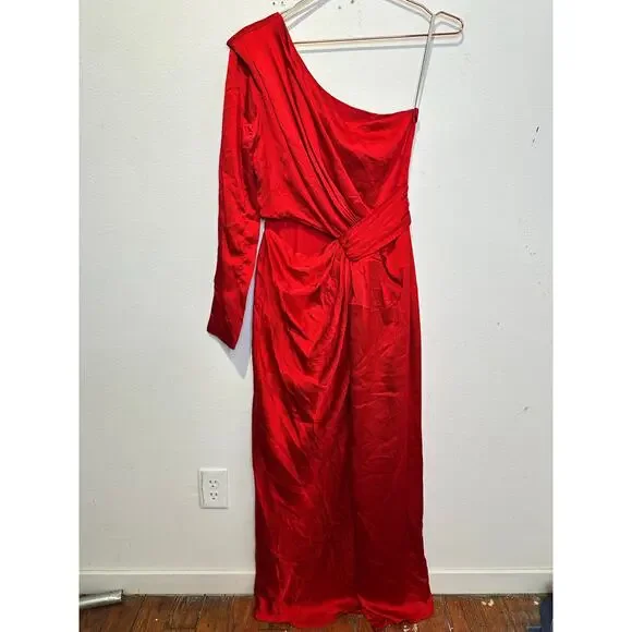 ML MONIQUE LHUILLIER Red Drapey One Shoulder Thigh Grazing Slit Gown size 4
